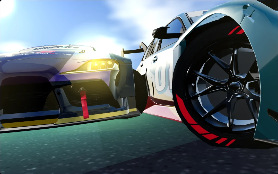 3D replay, low from the front: the chasing GR Supra's front wheel against the right door of the leading M3 Touring