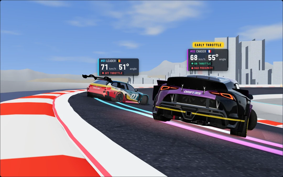 3D replay, low behind the GR Supra with the M3 Touring ahead of it in the hairpin: EARLY THROTTLE over the chase's tag, which reads On throttle, the lead's tag reading Off throttle