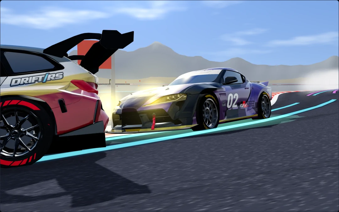 3D replay, low beside the leading M3 Touring's rear wheel, looking back: the chasing GR Supra's nose right behind its bumper, its front wheels straight