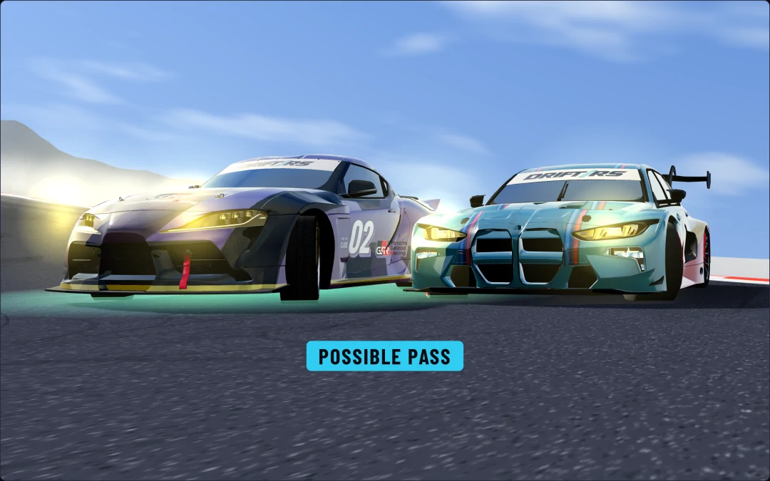 3D replay, low from ahead: the GR Supra and the M3 Touring side by side, their front bumpers level, POSSIBLE PASS banner on the road in front of them