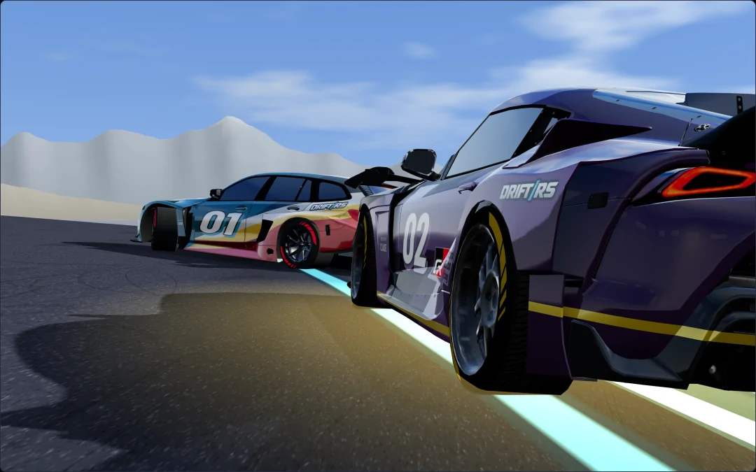 3D replay, low behind the chasing GR Supra: it runs straight with no angle, the leading M3 Touring sideways ahead of it