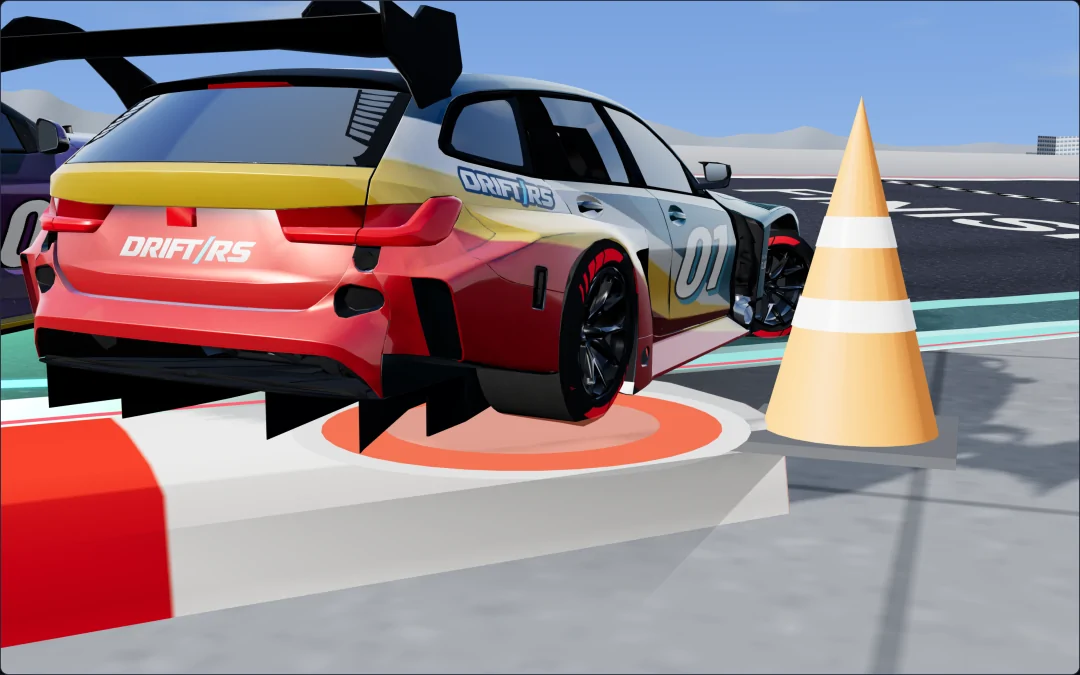 3D replay, low behind the M3 Touring's right rear corner: its right rear tyre on the kerb past the limit with a red marker under it, a zone cone standing beside