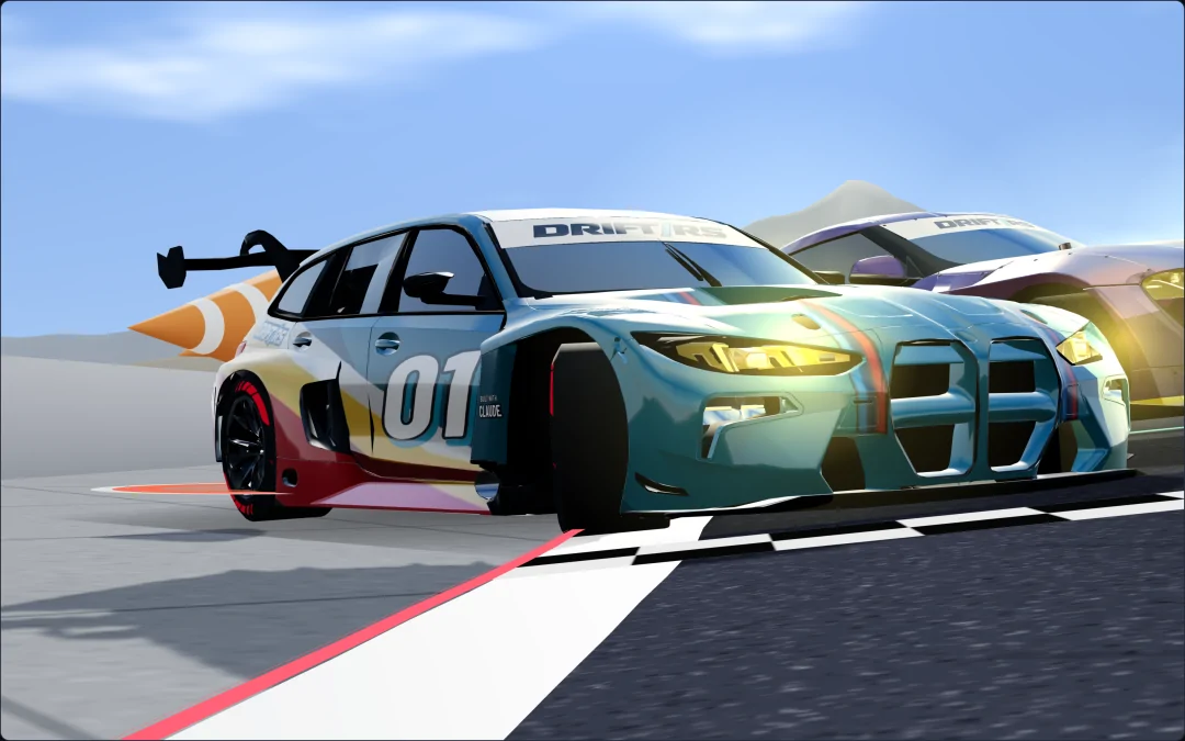 3D replay, low from the finish line: the red limit line and the white edge line lead to the M3 Touring's front tyre, its tail out past the limit with a red marker under the rear tyre, a knocked cone in the air behind it, the GR Supra's nose at the right edge