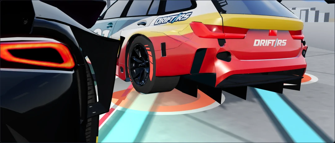 3D replay, low behind the two cars at the track limit: the M3 Touring's left rear tyre on a red marker just past the thin red limit line, its cyan tyre marks on the road, the GR Supra's tail light in the foreground
