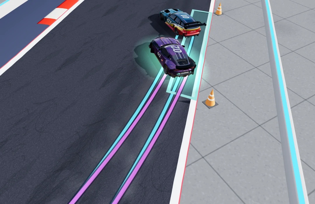 3D replay from above: the lead car's two tyre marks in cyan and the chase car's two in magenta, each magenta mark along a cyan one, running up to the two cars at a drift zone on the track limit