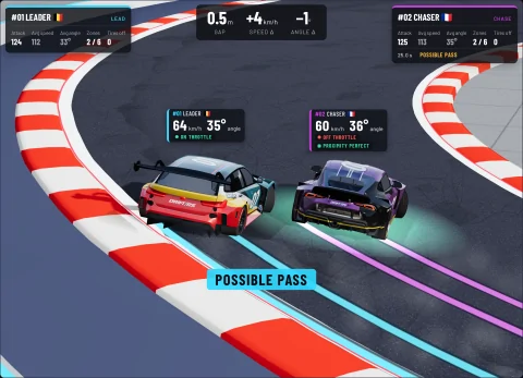 3D replay with its live data: both cars drifting side by side, the chasing GR Supra slightly ahead on the inside, POSSIBLE PASS banner