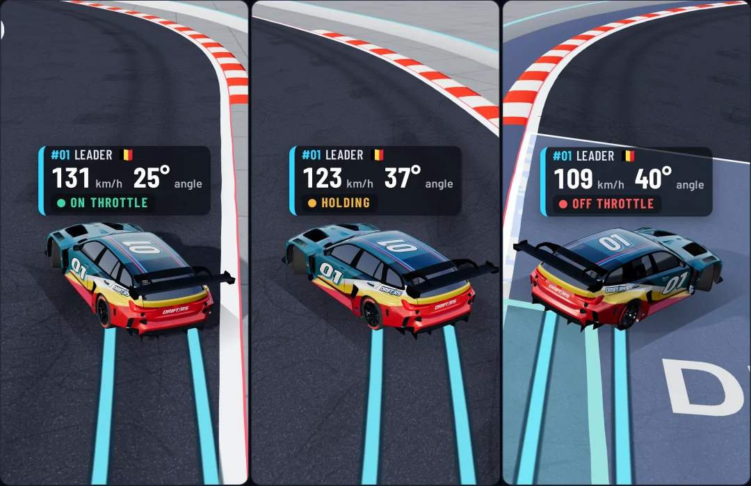Three moments of a lap in the 3D replay, the tag over the M3 Touring reading On throttle in green, Holding in orange and Off throttle in red