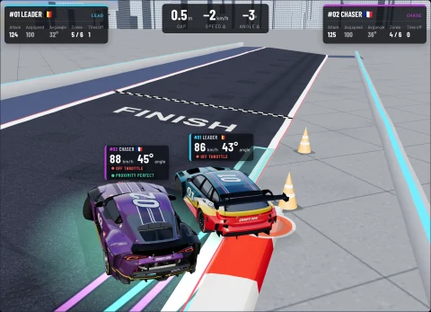 3D replay with its live data: the Leader's right rear tyre past the track limit on the kerb with a red marker under it, Tires off 1 on its card, each car's speed and angle above it